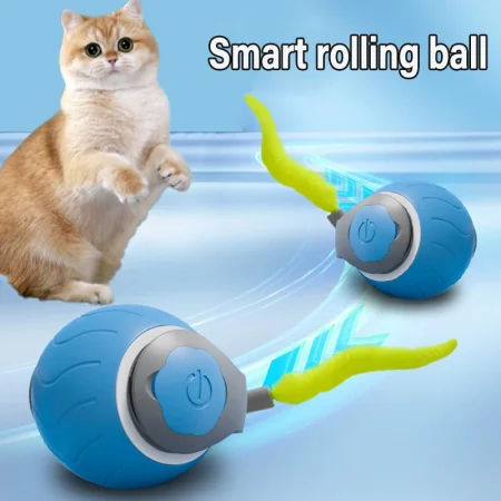 Jouet interactif pour chat – Balle roulante avec plumes et capteur de mouvement